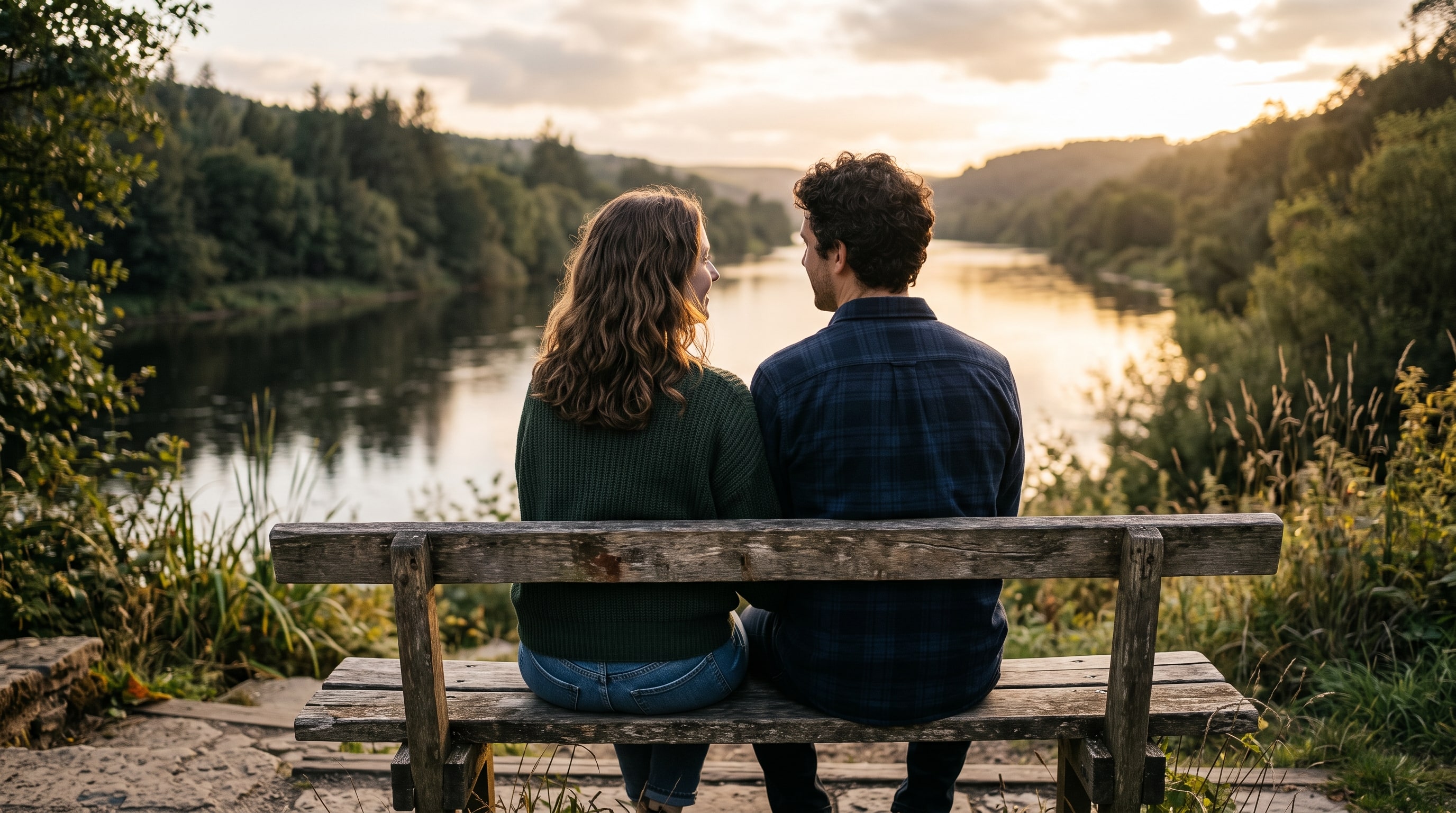 Couple assis sur un banc au bord d’une rivière