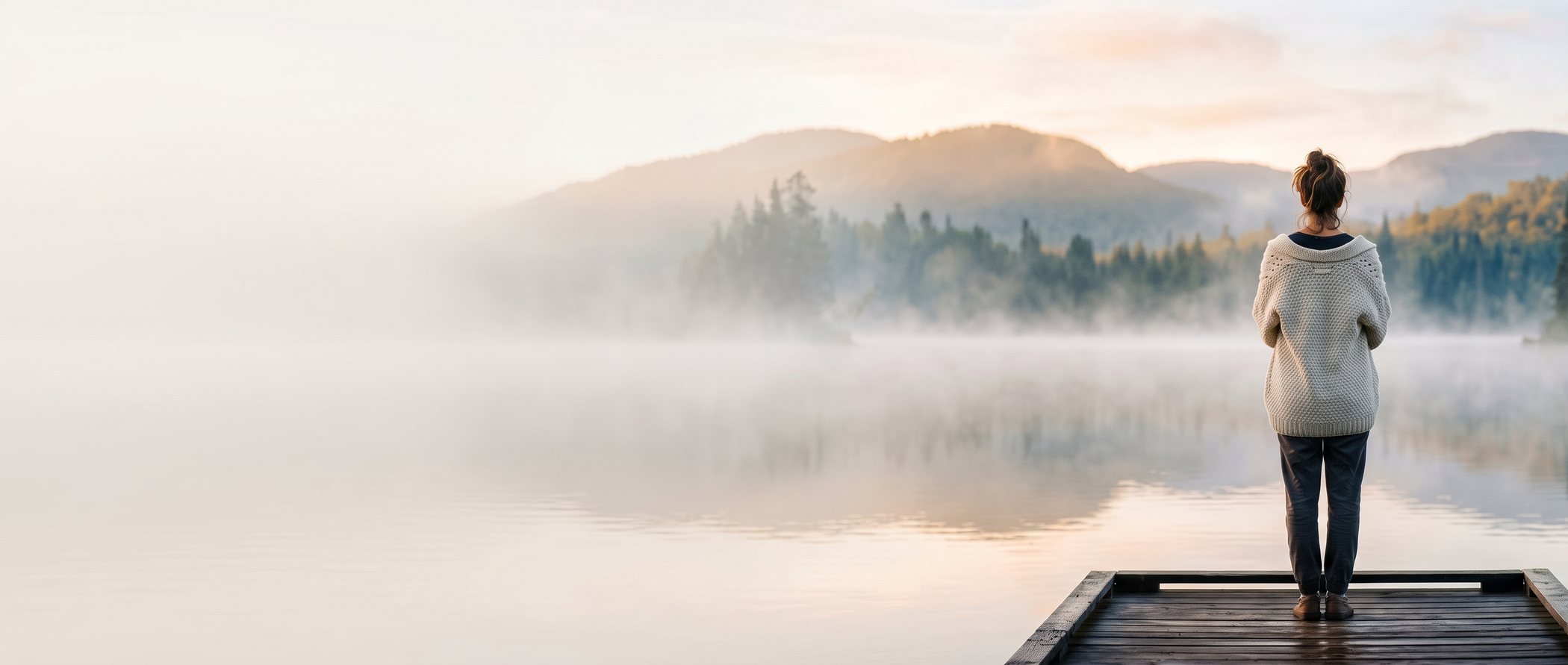 Femme de dos sur un quai, lac brumeux au lever du jour