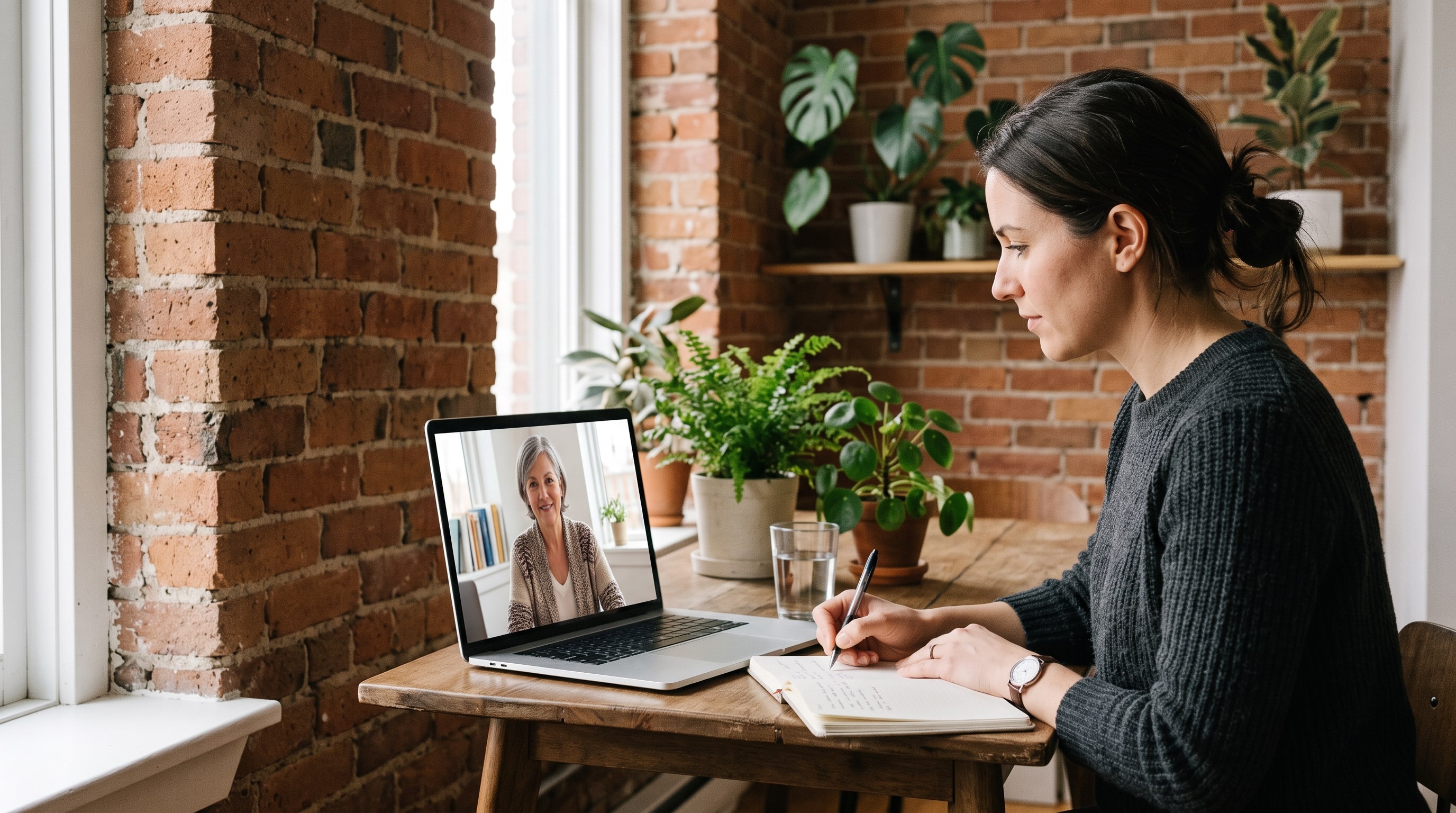 Femme en visioconférence à une table, la coach à l’écran de son portable